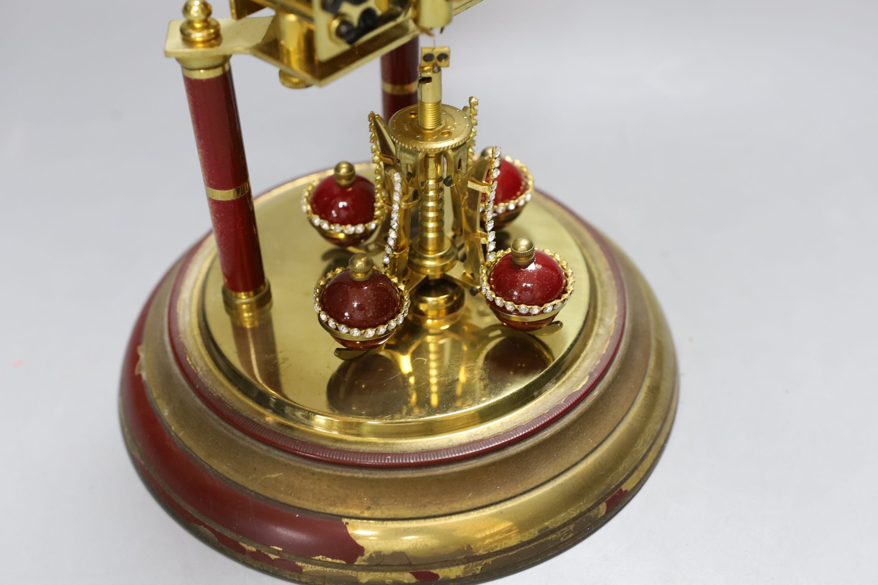 A domed Schatz 400-day anniversary red type design dial clock - 31cm tall